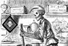 A skeletal form mixes ingredients for sweets, surrounded by vats of dangerous chemicals