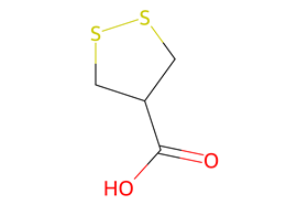 Chemical structure of asparagusic acid which includes two sulfur atoms in a 5-carbon ring and a carboxylic acid group