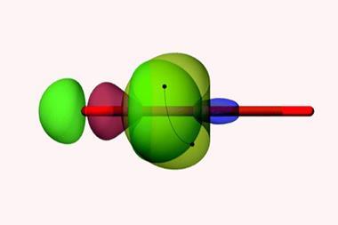 A digital illustration of round 3D symmetrical shapes around a red pole