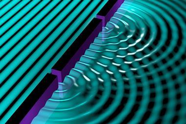 An illustration showing a regular arrangement of parallel waves that are broken into concentric ones as they pass through two narrow openings in a barrier