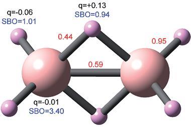 Computed DDEC6 bond orders (red), SBOs (blue), and NACs (black) for diborane.