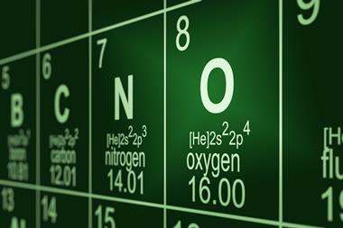 Showing oxygen on the periodic table. It has an atomic number of 8 and an atomic mass of 16.