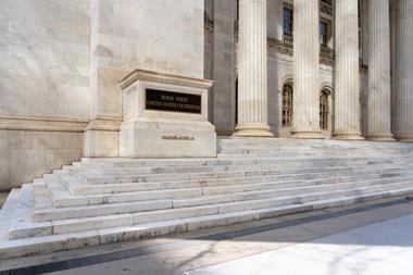 The white marble steps and columns outside the Byron White Courthouse