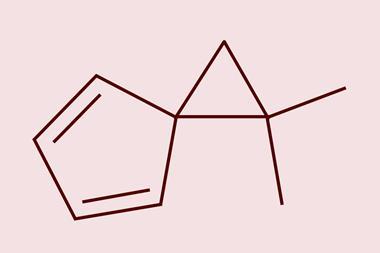 A chemical structure of a ring of five carbons attached at one corner to a ring of three carbons with two additional carbons coming of one of the three carbons