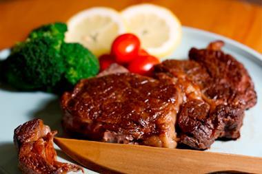A photograph of a piece of steak on a plate, arranged with some tomatoes, broccoli and slices of lemon. A small piece of the steak has been cut off with a wooden knife that is lying over the side of the plate.