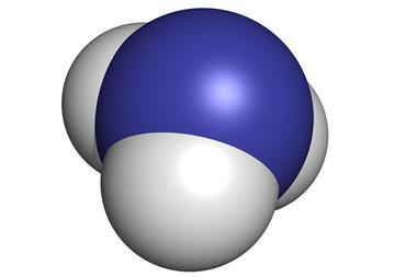 Ammonia (NH3), molecular model. Atoms are represented as spheres with conventional color coding: hydrogen (white), nitrogen (blue)