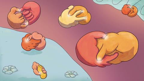 An illustration showing protein-protein interactions as handshakes