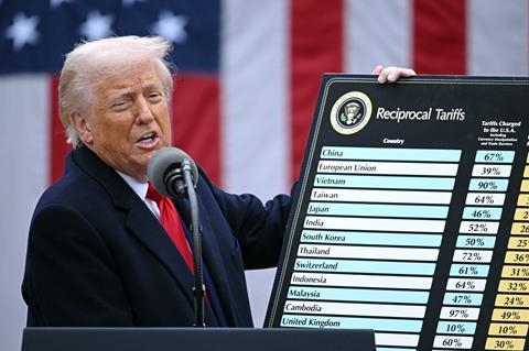 US President Donald Trump holds a chart as he delivers remarks on reciprocal tariffs during an event in the Rose Garden